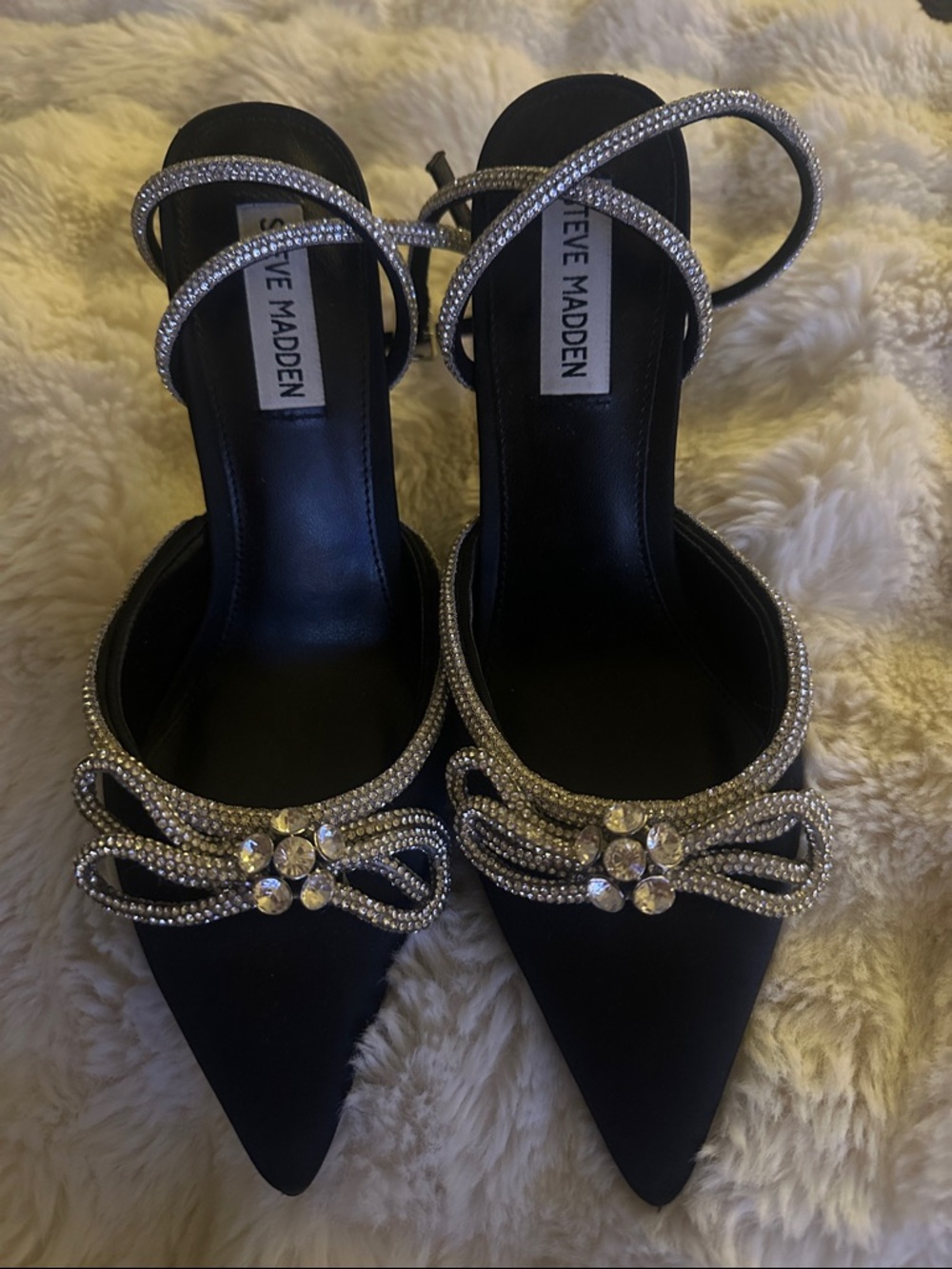 Steve Madden Black Satin Pointed Toe Heels with Crystal Bow Accents